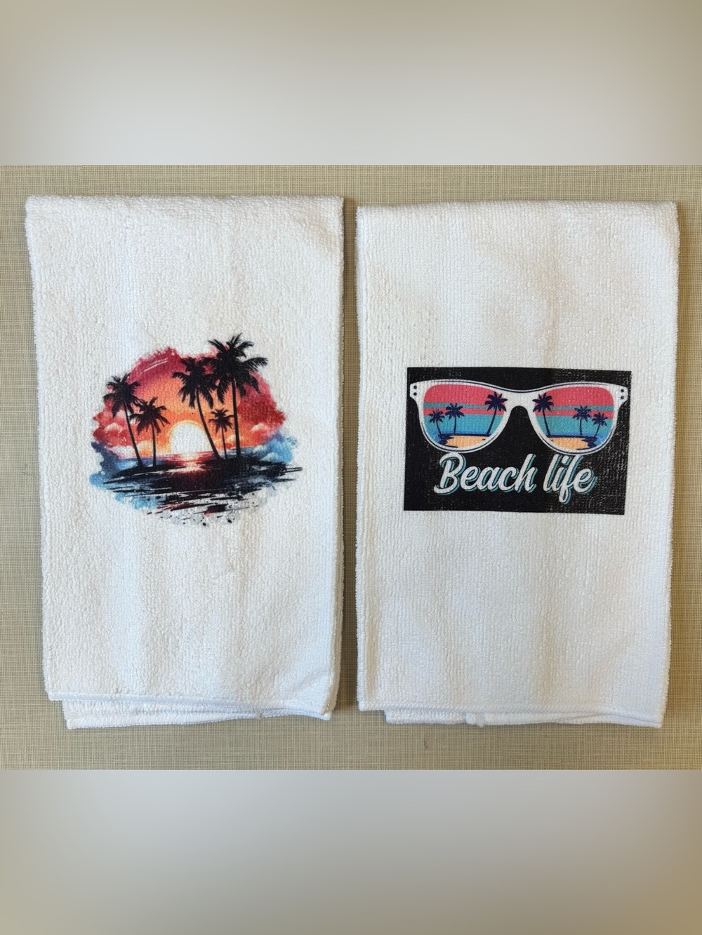 NEW White Beach Life Printed Cotton Hand Towels - Set of 2